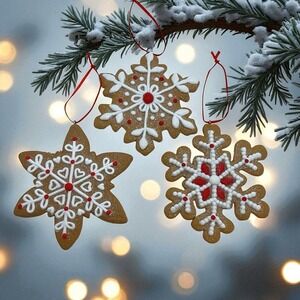 3 White Icing Gingerbread Snowflake Cookie Christmas Ornaments Baker
